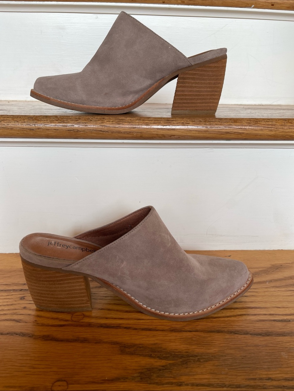 Jeffrey Campbell Shoes Taupe Gray Suede Mules Favela Women’s 6.5 Block Heel - Picture 3 of 14